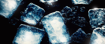 Water splashing and ice cube. Ice splashing into a glass of water. Underwater pouring ice cubes falling into clear watering background. Refreshing chill drinking. Ices in a glass with blue backgroundの写真素材