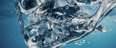 Water splashing and ice cube. Ice splashing into a glass of water. Underwater pouring ice cubes...