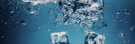 Water splashing and ice cube. Ice splashing into a glass of water. Underwater pouring ice cubes...
