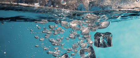 Water splashing and ice cube. Ice splashing into a glass of water. Underwater pouring ice cubes...