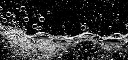 Soda water bubbles splashing underwater against black background. Soda liquid texture that fizzing and floating up to surface like a explosion in under water for refreshing carbonate drink concept.の写真素材