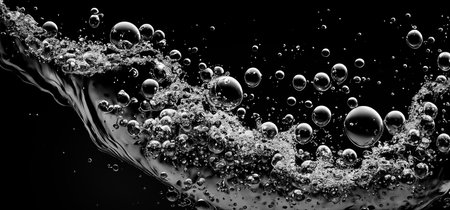 Soda water bubbles splashing underwater against black background. Soda liquid texture that fizzing and floating up to surface like a explosion in under water for refreshing carbonate drink concept.の写真素材