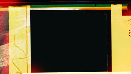 Empty 110mm film frames Or border strip dusty scratched scanned old film texture. 110mm films border with camera roll numbers and bezel vintage retro effect. Frame social stories filmstrips templates.の写真素材