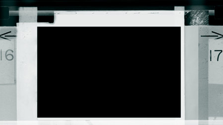 Empty 110mm film frames Or border strip dusty scratched scanned old film texture. 110mm films border with camera roll numbers and bezel vintage retro effect. Frame social stories filmstrips templates.の写真素材