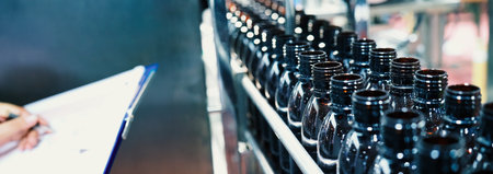 Bottles filling automation machine in modern factory. Technology demonstration of filling and...