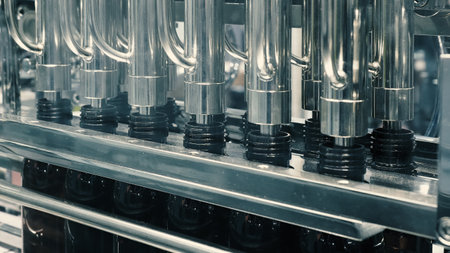 Bottles filling automation machine in modern factory. Technology demonstration of filling and capping bottles in the industry. Inspection of Vials For Defects. Pharmaceutical and drink Manufacturing.の写真素材
