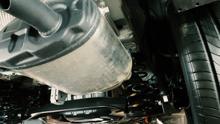 Under car exhaust pipe and suspension. Automotive mufflers. Inspection of car for Defects. Metal...