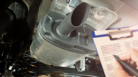 Under car exhaust pipe and suspension. Automotive mufflers. Inspection of car for Defects. Metal...