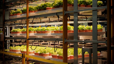 Indoor farm Hydroponic plants growing under LED lights and electric fan to reduce CO2 emission. Indoor vertical farm or vegetable farming that use new technology of seeding plants on vertical stack.の写真素材