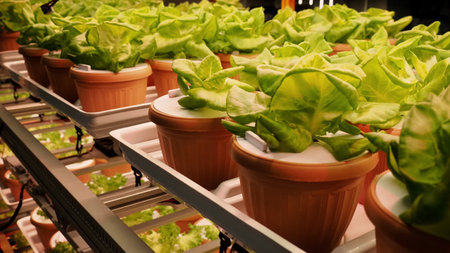 Indoor farm Hydroponic plants growing under LED lights and electric fan to reduce CO2 emission....