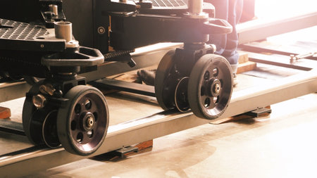 Camera trolley or camera dolly cart rails for filmmaking on studio shooting set. Pro videographer dolly rail track for filming movie mounted on studio floor. Video production dolly and crews in set.の写真素材