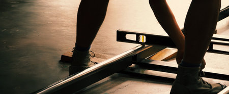 Camera trolley or camera dolly cart rails for filmmaking on studio shooting set. Pro videographer dolly rail track for filming movie mounted on studio floor. Video production dolly and crews in set.の写真素材