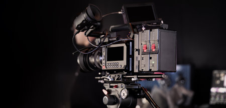 Film or video production setup with high end professional cinema cameras lighting camera rig and crew members working on set. Behind the scenes or BTS video shoot in a studio for cinematic visuals.の写真素材