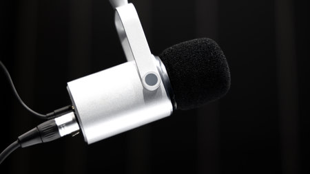 Microphone in studio. Professional studio microphone with a pop filter is suspended boom arm and studio lights. Set up mic for podcast voice over or recording high quality sound audio in a controlled.の写真素材