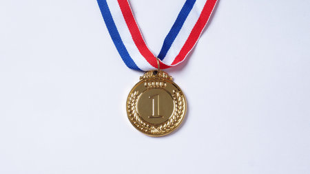 Gold silver and bronze demonstration trophy medals with ribbon for school university or national or olympic sport even organization competition. Isolated on white background. Award and victory conceptの写真素材