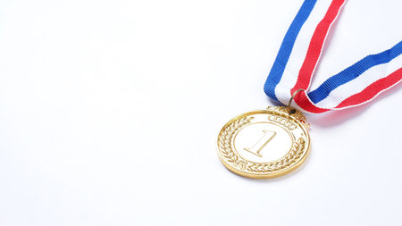 Gold silver and bronze demonstration trophy medals with ribbon for school university or national or olympic sport even organization competition. Isolated on white background. Award and victory conceptの写真素材