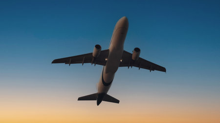 Airplane in the sky. Airplane in flight at sunset or evening sky. Commercial airliner silhouette in the colorful evening or night moon skies. Aircraft symbol of travel adventure global connectivity.の写真素材