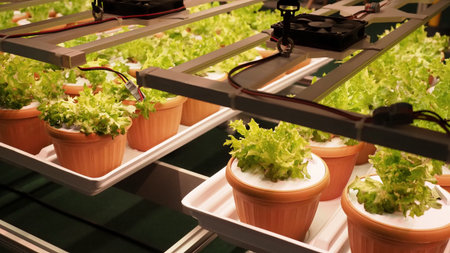 Smart vertical farm. Modern vertical farm with fresh lettuce and greens growing under LED lights. Smart indoor agriculture and hydroponics. Sustainable clean and efficient crop product in less area.の写真素材