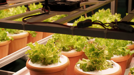Smart vertical farm. Modern vertical farm with fresh lettuce and greens growing under LED lights. Smart indoor agriculture and hydroponics. Sustainable clean and efficient crop product in less area.の写真素材