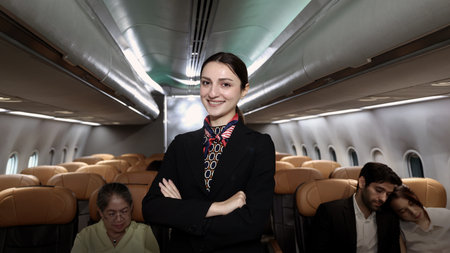 Air hostess. Smiling flight attendant in uniform welcomes and guides passengers aboard a modern...