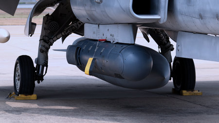 Close up of modern aircraft military fighter jet. Close up Jet parts such as landing gear engine...
