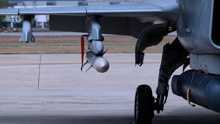 Close up of modern aircraft military fighter jet. Close up Jet parts such as landing gear engine...