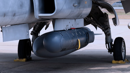 Close up of modern aircraft military fighter jet. Close up Jet parts such as landing gear engine...