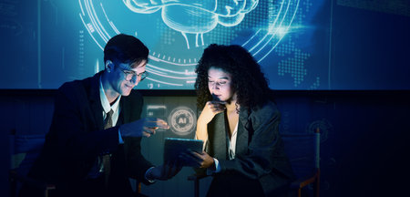 Business team discussing and using technology artificial intelligence with digital Ai assistant....