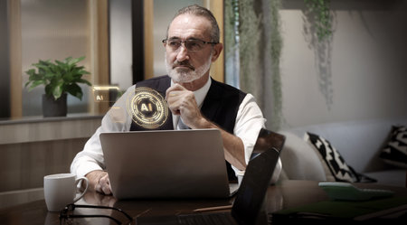 Ai using. Business team using AI assistant technology. Futuristic innovation technology artificial intelligence with digital Hologram. Ai Collaboration and biz ideas for future. Business Tech meetingの写真素材