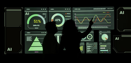 AI Using. Silhouetted analysts interact with a large AI data. AI Display charts graphs and...