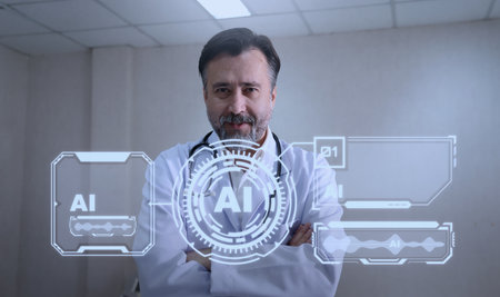 Using AI. Doctors collaborating and using futuristic AI holographic interfaces. They review digital health diagnostics analyze medical ai data. Discuss patient insights via ai healthcare technology.の写真素材