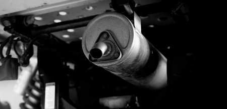 Old car suspensions. Close up car suspension wear and tear parts. CV joint Rubber boot and Control arms bushing Steering rack axles Shock absorber Brake exhaust. Gas Diesel car service repair parts.の写真素材