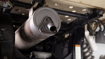 Old car suspensions. Close up car suspension wear and tear parts. CV joint Rubber boot and Control arms bushing Steering rack axles Shock absorber Brake exhaust. Gas Diesel car service repair parts.の写真素材