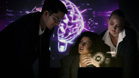 Ai and Business. Tech Startup team discussing and using artificial intelligence or digital Ai assistant.  Business innovation AI technology collaboration and ideas for future. Tech brainstorming ideaの写真素材