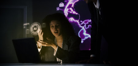 Ai and Business. Tech Startup team discussing and using artificial intelligence or digital Ai assistant.  Business innovation AI technology collaboration and ideas for future. Tech brainstorming ideaの写真素材