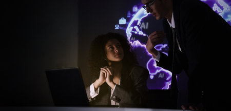 Ai and Business. Tech Startup team discussing and using artificial intelligence or digital Ai assistant.  Business innovation AI technology collaboration and ideas for future. Tech brainstorming ideaの写真素材