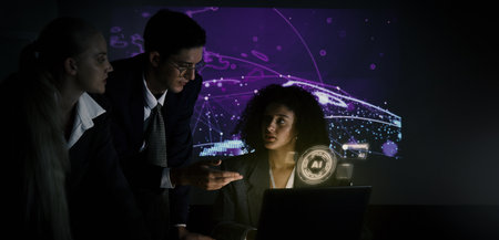 Ai and Business. Tech Startup team discussing and using artificial intelligence or digital Ai assistant.  Business innovation AI technology collaboration and ideas for future. Tech brainstorming ideaの写真素材