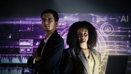 Ai and Business. Tech Startup team discussing and using artificial intelligence or digital Ai assistant.  Business innovation AI technology collaboration and ideas for future. Tech brainstorming ideaの写真素材