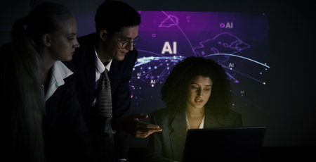 Ai and Business. Tech Startup team discussing and using artificial intelligence or digital Ai assistant.  Business innovation AI technology collaboration and ideas for future. Tech brainstorming ideaの写真素材