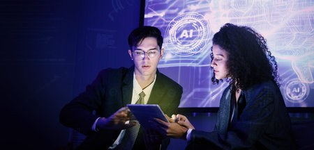 Ai using. Business team using technology artificial intelligence with digital Ai assistant. Futuristic innovation AI technology collab and biz ideas for future work. Business AiTech Startup meeting.の写真素材