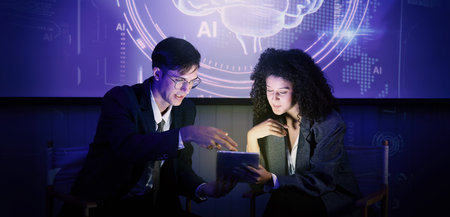 Ai using. Business team using technology artificial intelligence with digital Ai assistant. Futuristic innovation AI technology collab and biz ideas for future work. Business AiTech Startup meeting.の写真素材