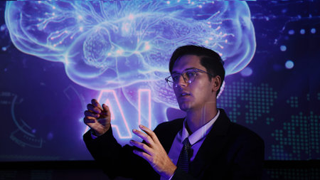 Ai using. Business team using technology artificial intelligence with digital Ai assistant. Futuristic innovation AI technology collab and biz ideas for future work. Business AiTech Startup meeting.の写真素材