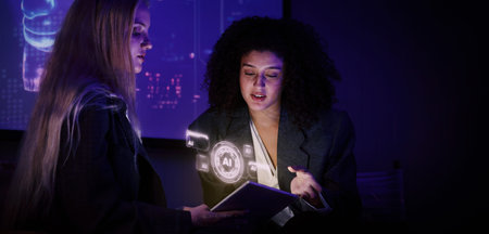 Ai using. Business team using technology artificial intelligence with digital Ai assistant. Futuristic innovation AI technology collab and biz ideas for future work. Business AiTech Startup meeting.の写真素材