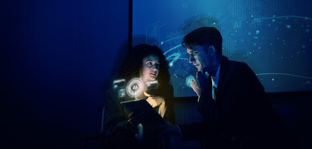 Ai using. Business team using technology artificial intelligence with digital Ai assistant. Futuristic innovation AI technology collab and biz ideas for future work. Business AiTech Startup meeting.の写真素材