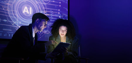 Ai using. Business team using technology artificial intelligence with digital Ai assistant. Futuristic innovation AI technology collab and biz ideas for future work. Business AiTech Startup meeting.の写真素材