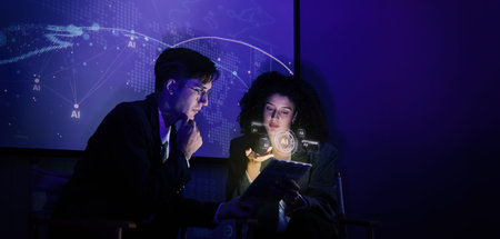 Ai using. Business team using technology artificial intelligence with digital Ai assistant. Futuristic innovation AI technology collab and biz ideas for future work. Business AiTech Startup meeting.の写真素材