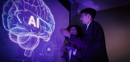 Ai using. Business team using technology artificial intelligence with digital Ai assistant. Futuristic innovation AI technology collab and biz ideas for future work. Business AiTech Startup meeting.の写真素材