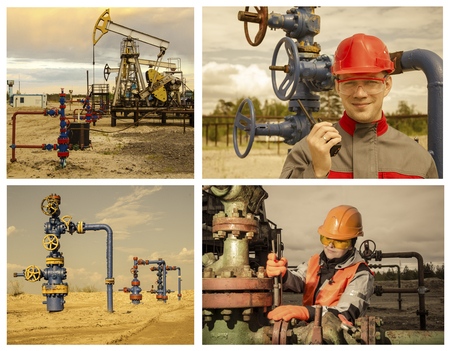 Collage consisting of pictures of pump jack, well head, man engineer talking on the radio, woman engineer repairing weel head. Oil and gas concept. Toned.の写真素材