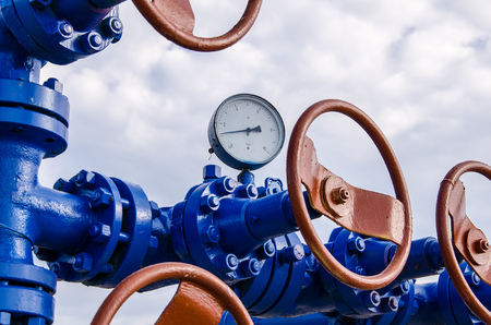 Wellhead with valves and manometer. Oil and gas concept.の写真素材