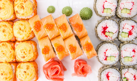 Japanese food. Sushi rolls set. Flat lay.の写真素材